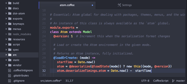 The beautiful dark interface of the Atom editor.